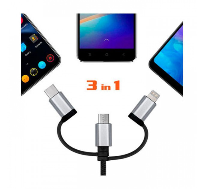 Дата кабель USB 2.0 AM to Lightning + Micro 5P + USB-C 1.0m black REAL-EL (EL123500035)