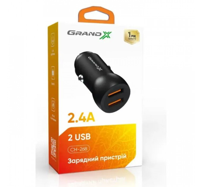 Зарядний пристрій Grand-X car 12-24V Black 2USB 5V\/2.4A (CH-26\/CH-26B)