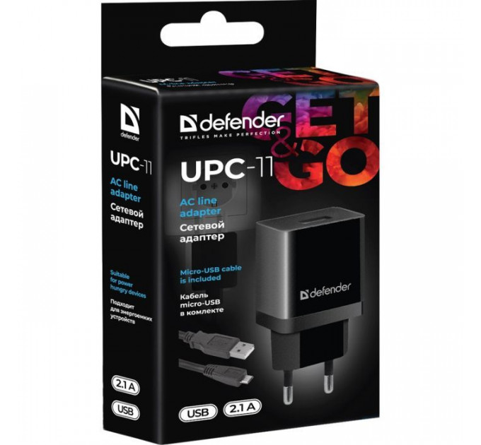 Зарядний пристрій Defender UPС-11 1xUSB,5V\/2.1А, кабель micro-USB (83556)