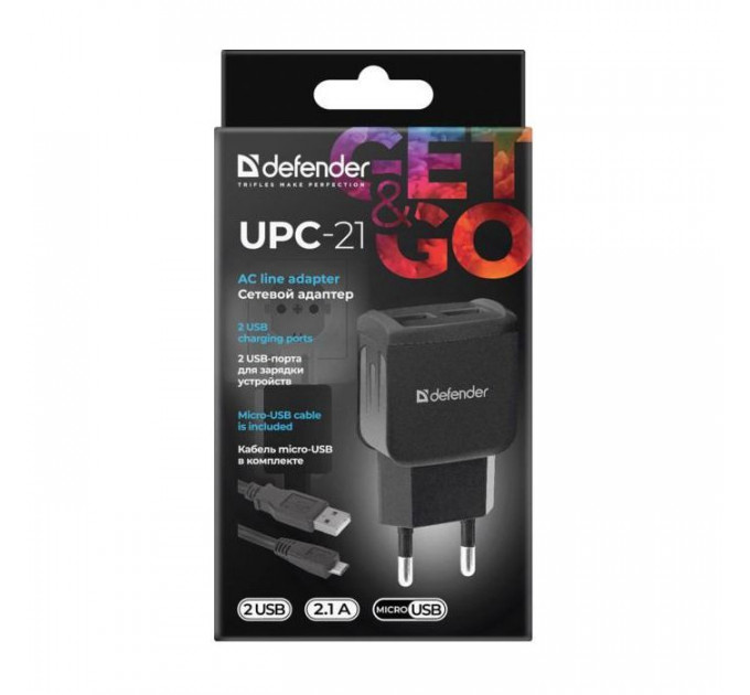 Зарядний пристрій Defender UPС-21 2xUSB,5V\/2.1А кабель microUSB (83581)