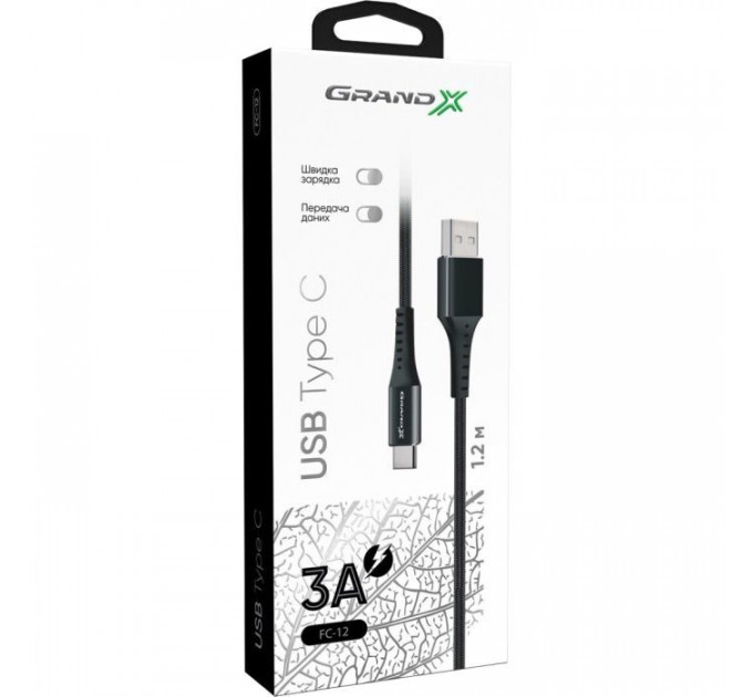 Дата кабеля USB 2.0 AM to USB-C 1.2m Black Grand-X (FC-12B)