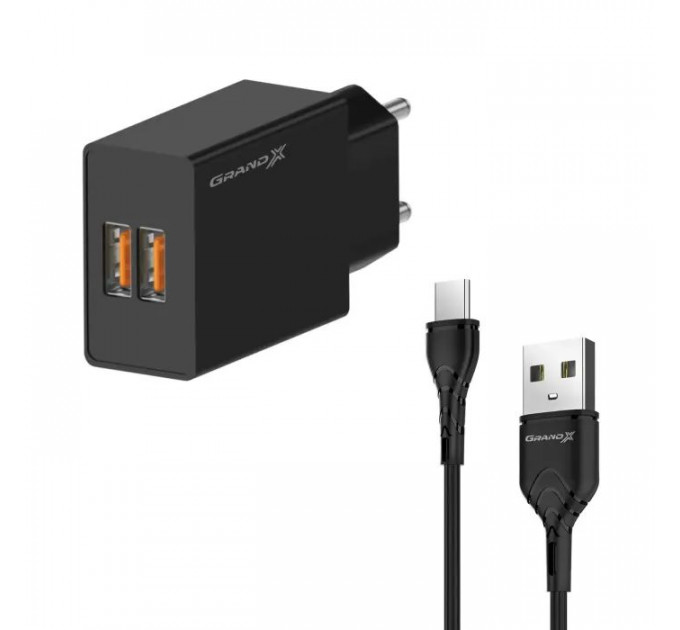 Зарядное устройство Grand-X CH-15T 5V 2.1A 2USB Black + cable USB -> Type-C (CH-15T)