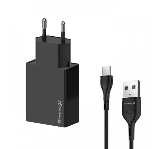 Зарядное устройство Grand-X CH-15T 5V 2.1A 2USB Black + cable USB -> Type-C (CH-15T)