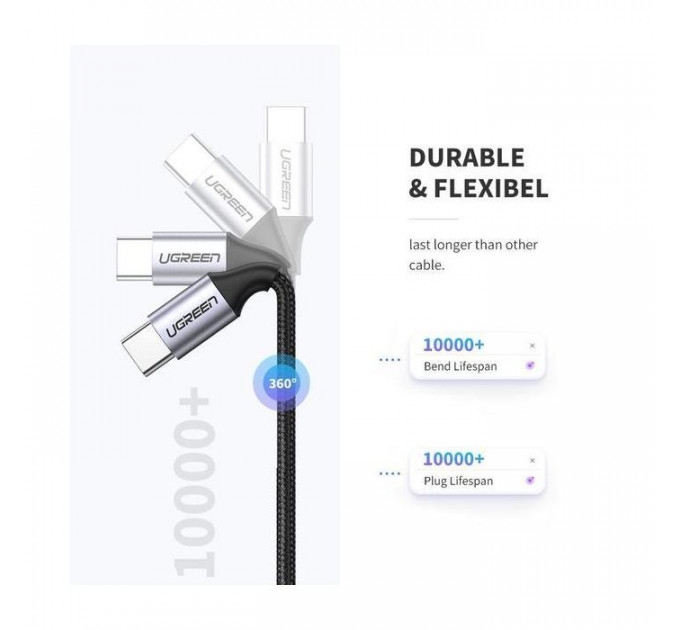 Дата USB-C кабель USB-C 1.0m US261 3A Alum. Braid Gray\\Black Ugreen (50150)