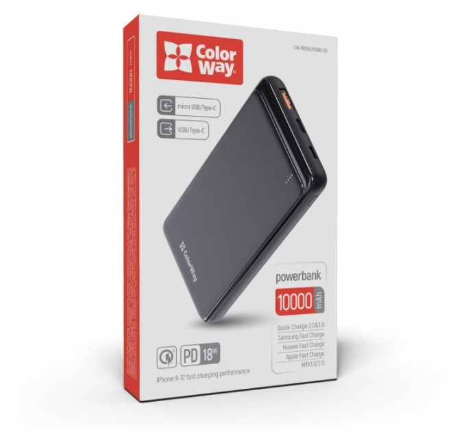 Батарея універсальна ColorWay 10 000 mAh Slim (USB QC3.0 + USB-C Power Delivery 18W) Black (CW-PB100LPG3BK-PD)