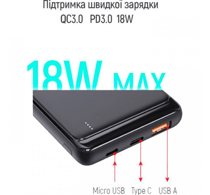 Батарея універсальна ColorWay 10 000 mAh Slim (USB QC3.0 + USB-C Power Delivery 18W) Black (CW-PB100LPG3BK-PD)