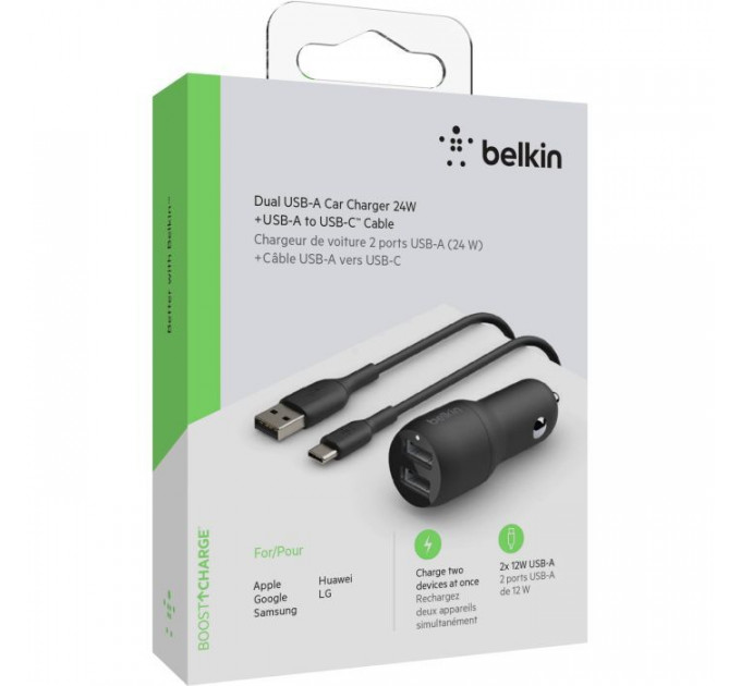 Зарядний пристрій Belkin Car Charger (24W) Dual USB-A, USB-A - USB-C, 1m, black (CCE001BT1MBK)