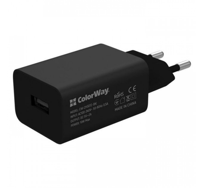 Зарядний пристрій ColorWay 1USB AUTO ID 2A (10W) black + cable Lightning (CW-CHS012CL-BK)