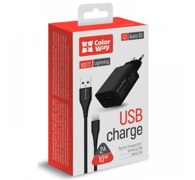Зарядний пристрій ColorWay 1USB AUTO ID 2A (10W) black + cable Lightning (CW-CHS012CL-BK)