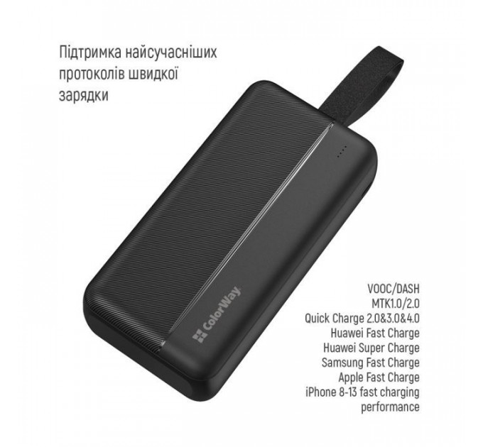 Батарея універсальна ColorWay 30 000 mAh High-power 2 PD\/20W, QC\/3.0, USB-C\/Micro-USB (CW-PB300LPC2BK-PD)