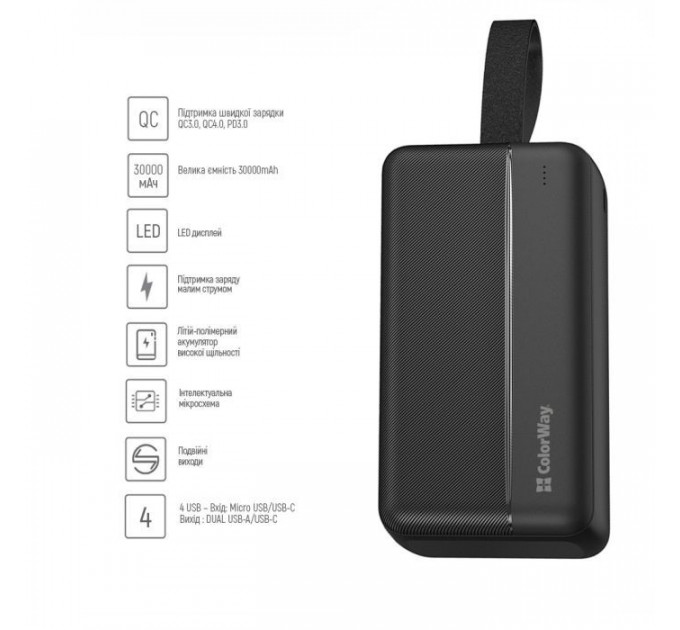 Батарея універсальна ColorWay 30 000 mAh High-power 2 PD\/20W, QC\/3.0, USB-C\/Micro-USB (CW-PB300LPC2BK-PD)