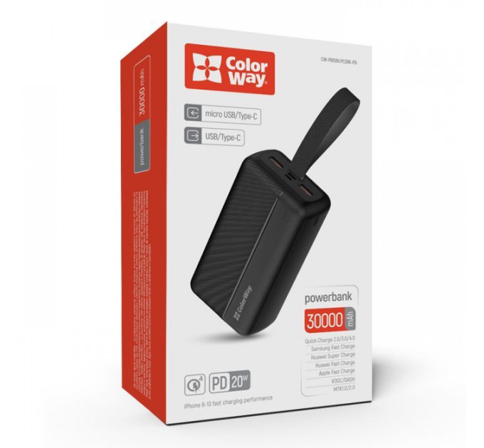 Батарея універсальна ColorWay 30 000 mAh High-power 2 PD\/20W, QC\/3.0, USB-C\/Micro-USB (CW-PB300LPC2BK-PD)