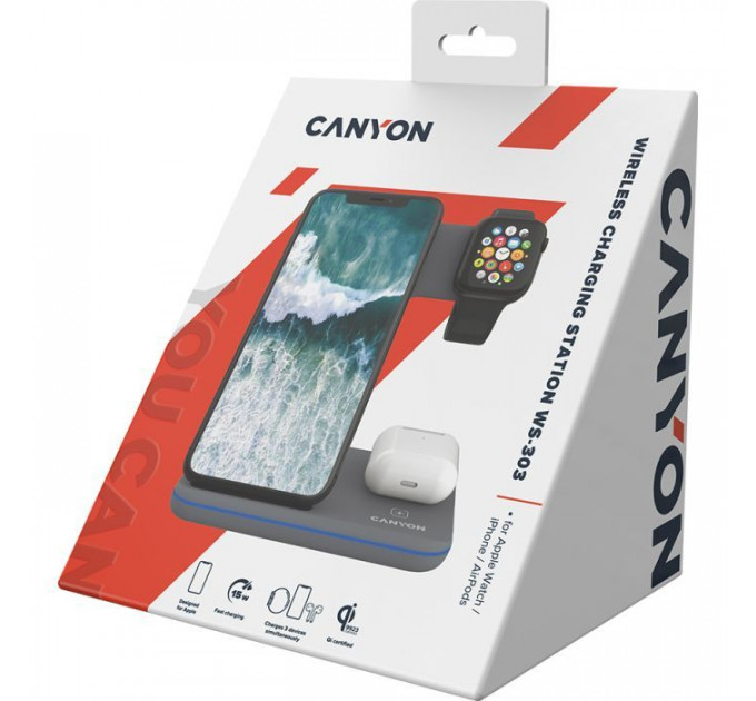 Зарядний пристрій Canyon WS-303, 3in1 Wireless Dark Grey (CNS-WCS303DG)