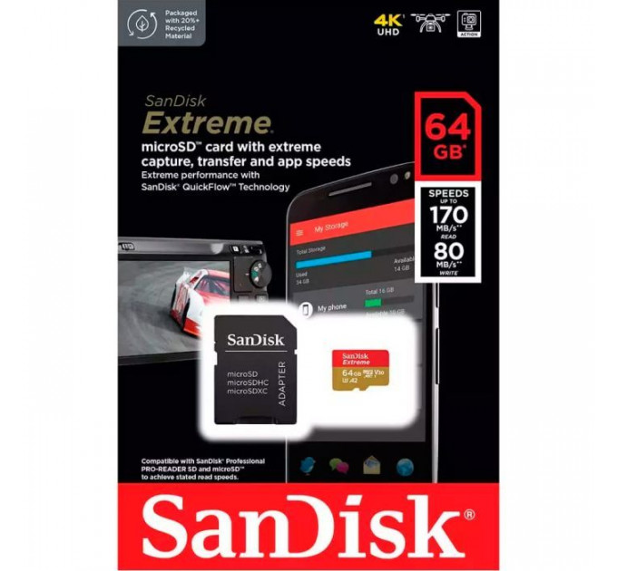 Карта пам/'яті SanDisk 64GB microSD class 10 UHS-I Extreme For Action Cams and Dro (SDSQXAH-064G-GN6AA)