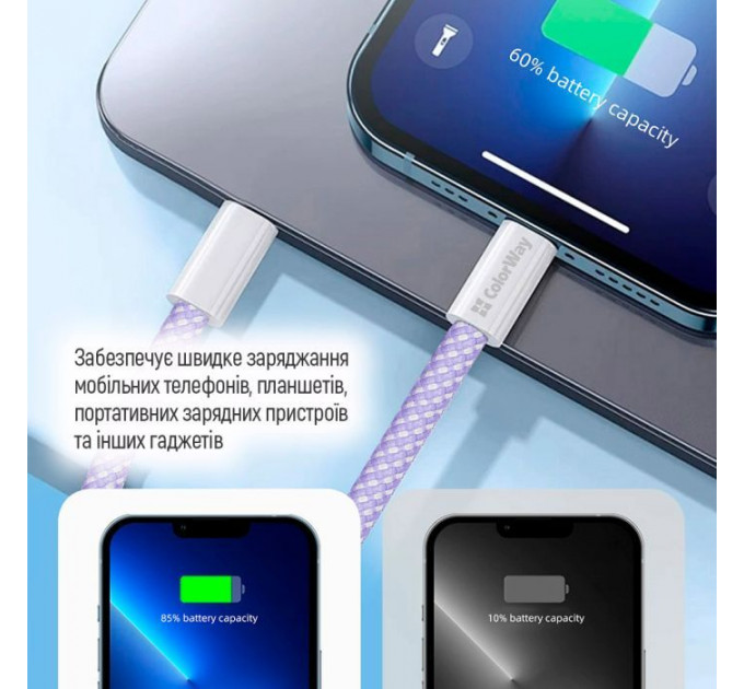 Дата кабеля USB-C to Lightning 1.0m 27W фиолетовый ColorWay (CW-CBPDCL061-PU)