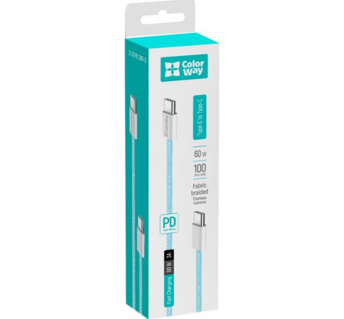 Дата кабель USB-C to USB-C 1.0m 60W 3.0А blue ColorWay (CW-CBPDCC061-BL)