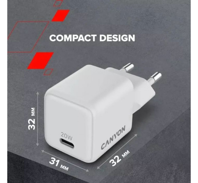 Зарядное устройство для Canyon CU20C GaN 20W 1xPD EU White (CNS-CUW20C)