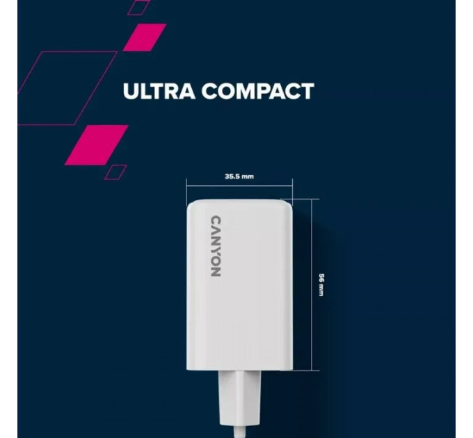 Зарядное устройство для Canyon CU65ACC GaN 65W 2xPD 1xQC EU White (CNS-CUW65ACC)