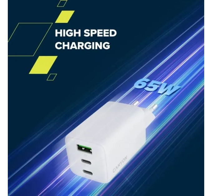 Зарядное устройство для Canyon CU65ACC GaN 65W 2xPD 1xQC EU White (CNS-CUW65ACC)