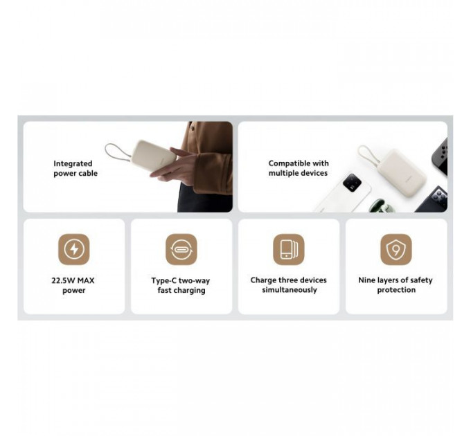 Батарея универсальная Xiaomi 10000mAh 22.5W, Integrated Cable, beige (BHR9072GL)