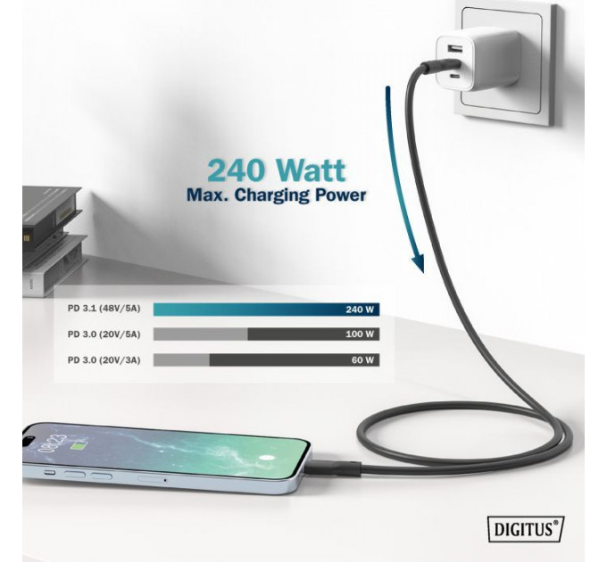 Дата кабель USB-C to USB-C 2.0m USB 4.0 Gen2 20G 240W 8K silicone black Digitus (AK-300344-020-S)