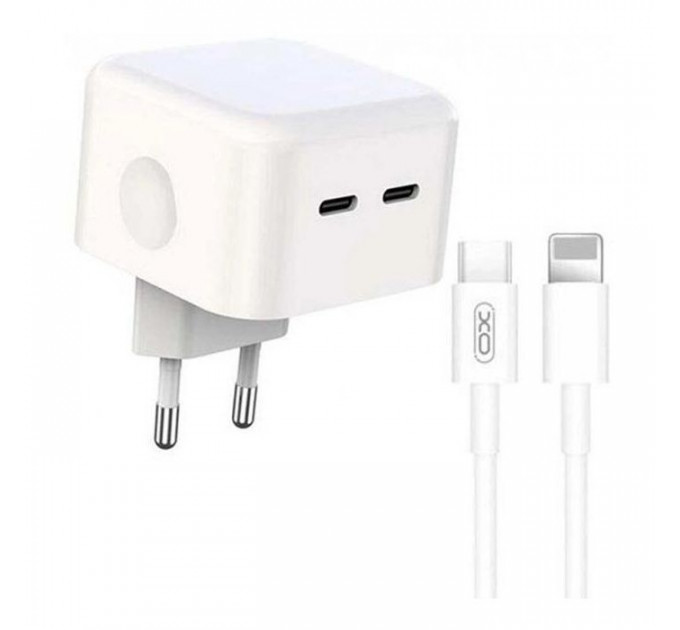 Зарядний пристрій XO QC 3.0 L102 35W\/2 USB-C + cable Lightning NB113 White (XO-L102i-WH)