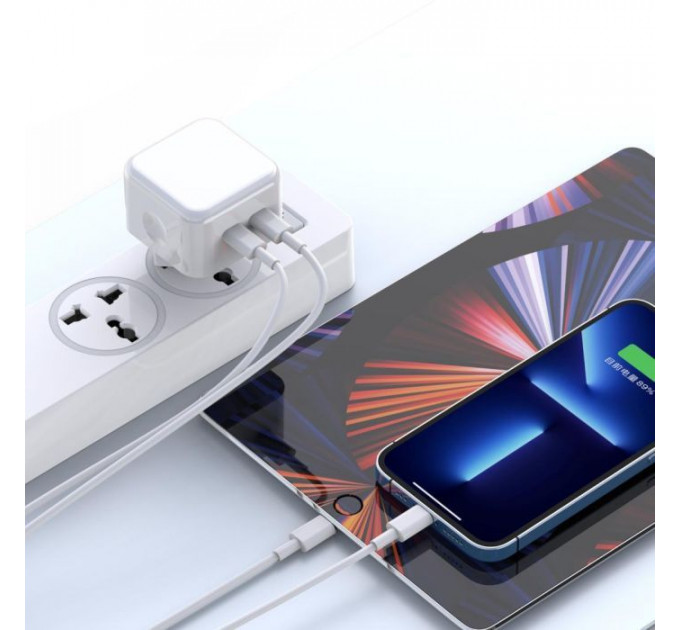 Зарядний пристрій XO QC 3.0 L102 35W\/2 USB-C + cable Lightning NB113 White (XO-L102i-WH)