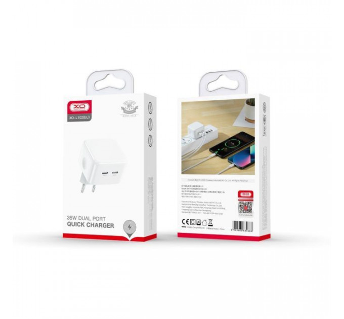 Зарядний пристрій XO QC 3.0 L102 35W\/2 USB-C + cable Lightning NB113 White (XO-L102i-WH)