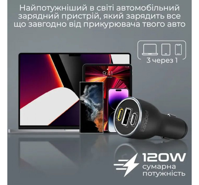 Зарядное устройство Promate 2xUSB-C+USB-A (powerdrive-120.black)