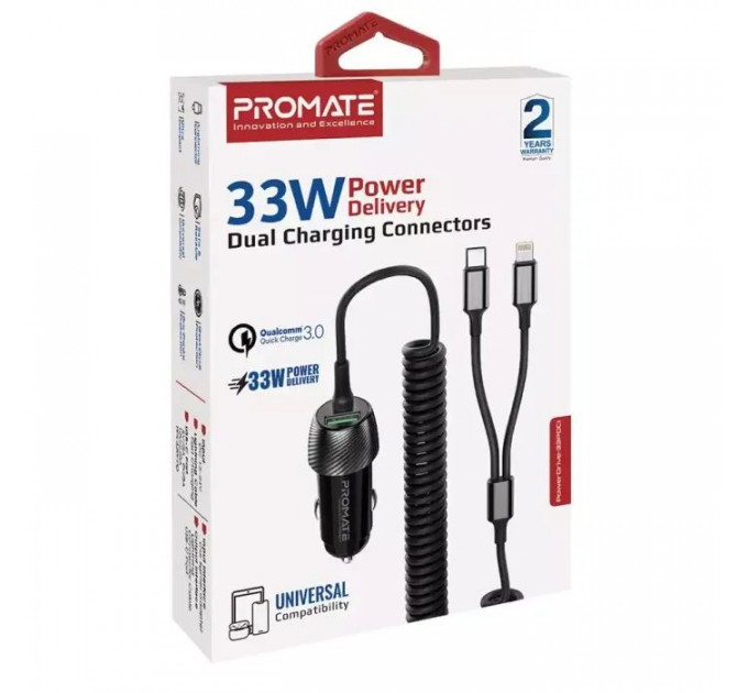 Зарядное устройство Promate 33W USB-C + Lightning cables + USB-A port (powerdrive-33pdci.black)