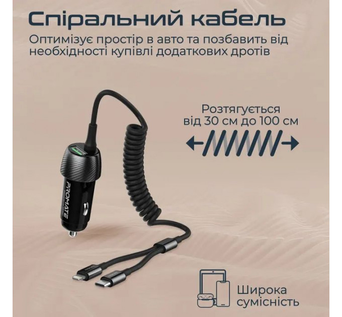 Зарядное устройство Promate 33W USB-C + Lightning cables + USB-A port (powerdrive-33pdci.black)