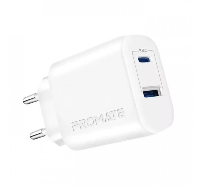 Зарядний пристрій Promate 17W USB-C + USB-A (biplug-2.white)
