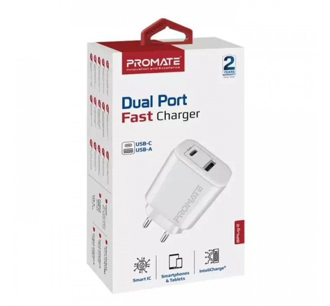 Зарядний пристрій Promate 17W USB-C + USB-A (biplug-2.white)
