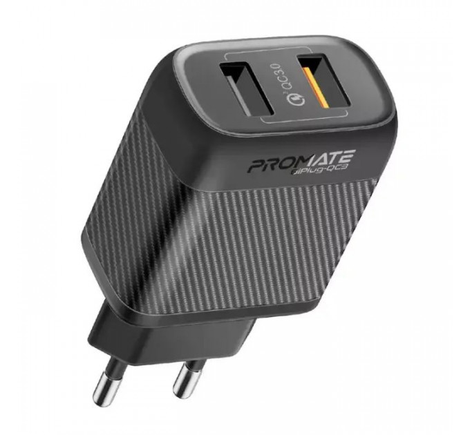 Зарядний пристрій Promate 18W 2xUSB-A (biplug-qc3.eu-bk)