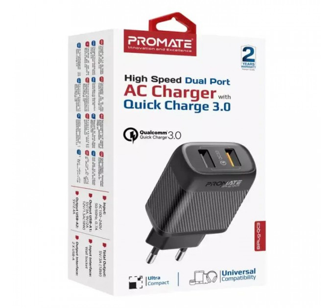 Зарядний пристрій Promate 18W 2xUSB-A (biplug-qc3.eu-bk)