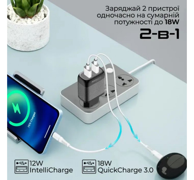 Зарядний пристрій Promate 18W 2xUSB-A (biplug-qc3.eu-bk)