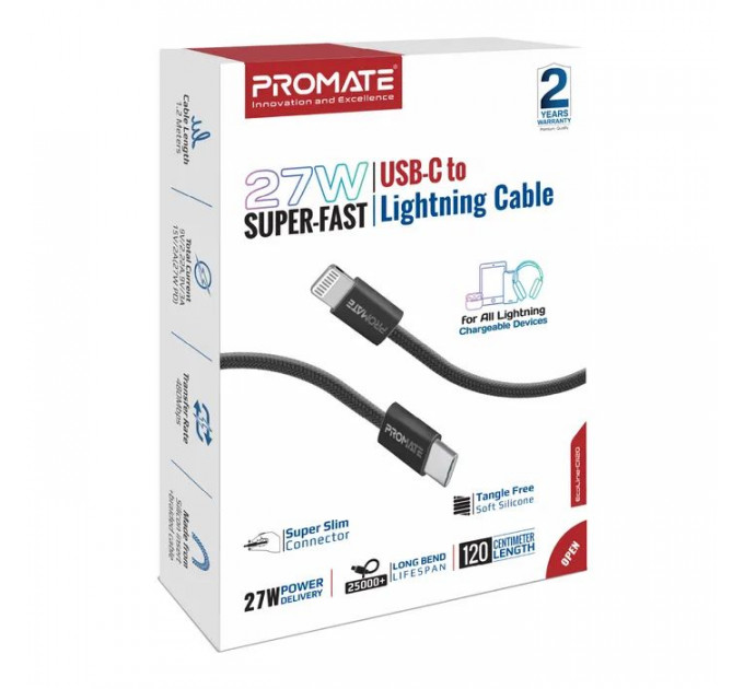 Дата кабель USB-C to Lightning 1.2m Promate (ecoline-ci120.black)