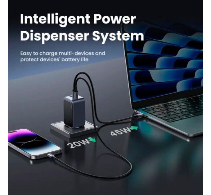Зарядное устройство для Ugreen 3xUSB 65W (2xUSB-C+USB-A) Gan Nexode Fast Charger Grey X553 (35042)