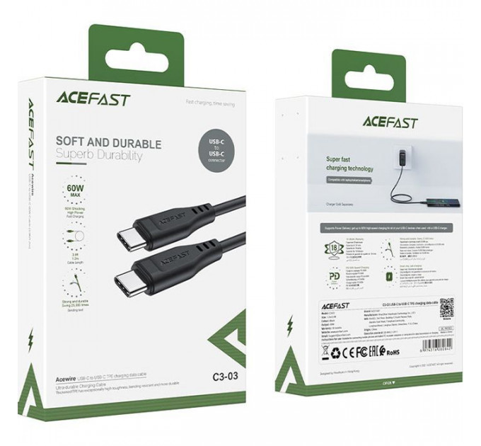 Дата кабель USB-C to USB-C 1.2m 3A TPE C3-03 Black Acefast (6974316280842)