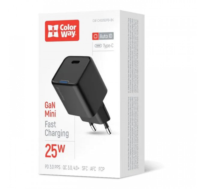 Зарядний пристрій ColorWay GaN Mini 25W PD Port PPS USB-C black (CW-CHS052PD-BK)