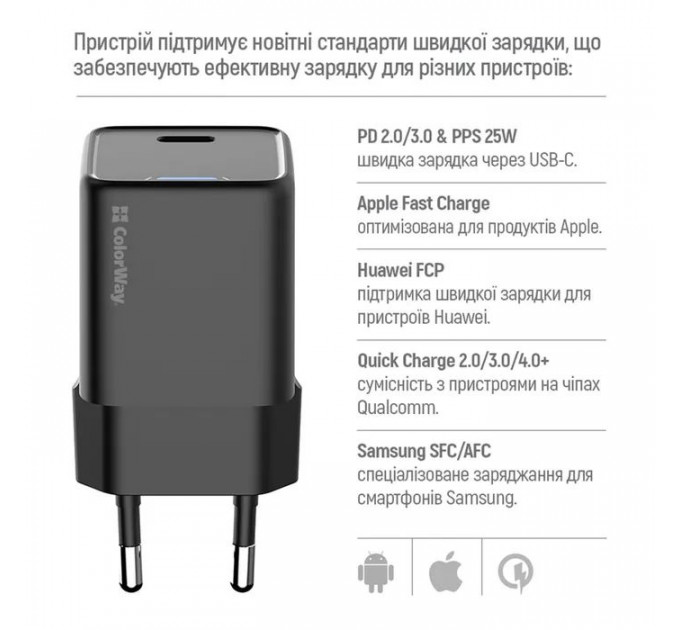Зарядний пристрій ColorWay GaN Mini 25W PD Port PPS USB-C black (CW-CHS052PD-BK)
