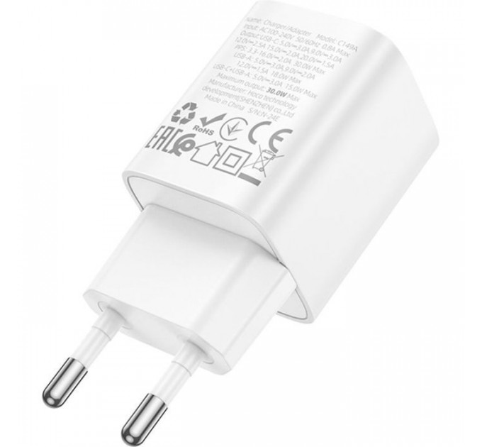Зарядний пристрій HOCO C149A Charm 1xUSB-C PD30W + 1xUSB QC3.0 White (6942007630337)