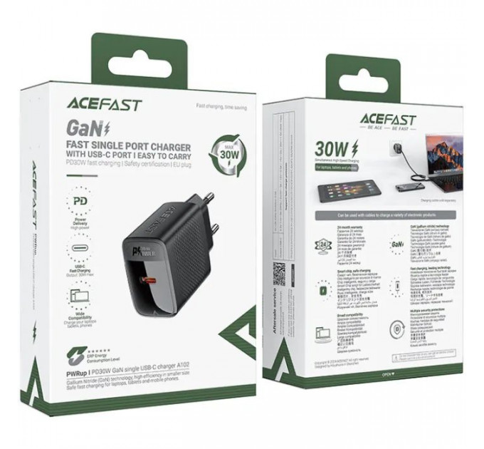 Зарядний пристрій Acefast A102 USB-C PD30W GaN Black (6974316283287)