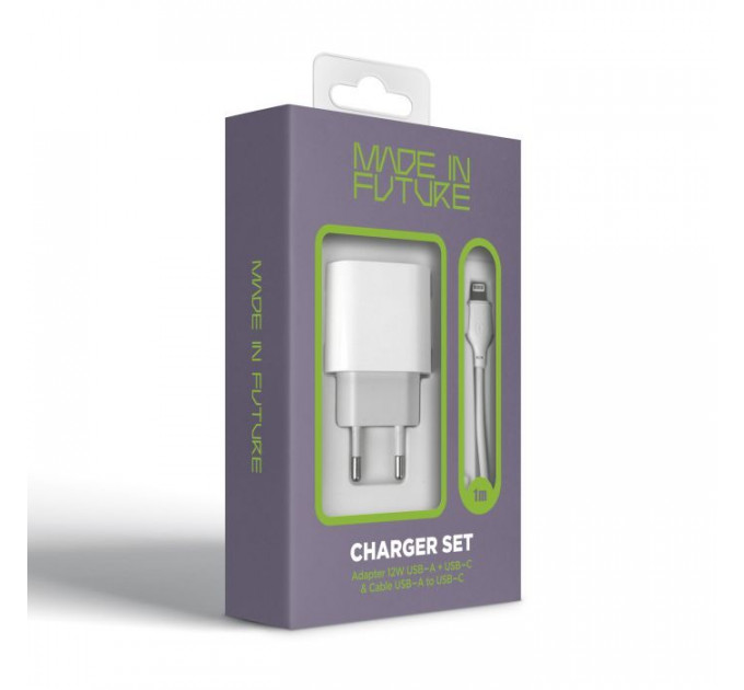 Зарядное устройство MadeInFuture MFS12 12W 1xUSB-A + 1xUSB-C + cable USB-A to Lightning White (MIF82823)