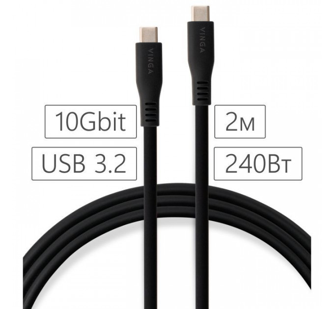Дата кабель USB-C to USB-C 2.0m UBS3.2 Gen2 10G 240W Chip Silicon Black Vinga (VCPDCCC3242SB)