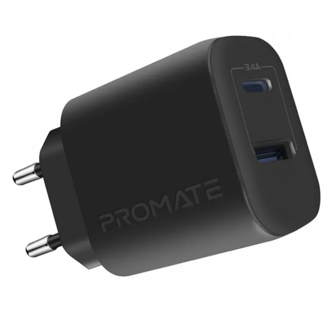Зарядний пристрій Promate 17W USB-C + USB-A (biplug-2.black) Зарядний пристрій Promate 17W USB-C + USB-A (biplug-2.black)