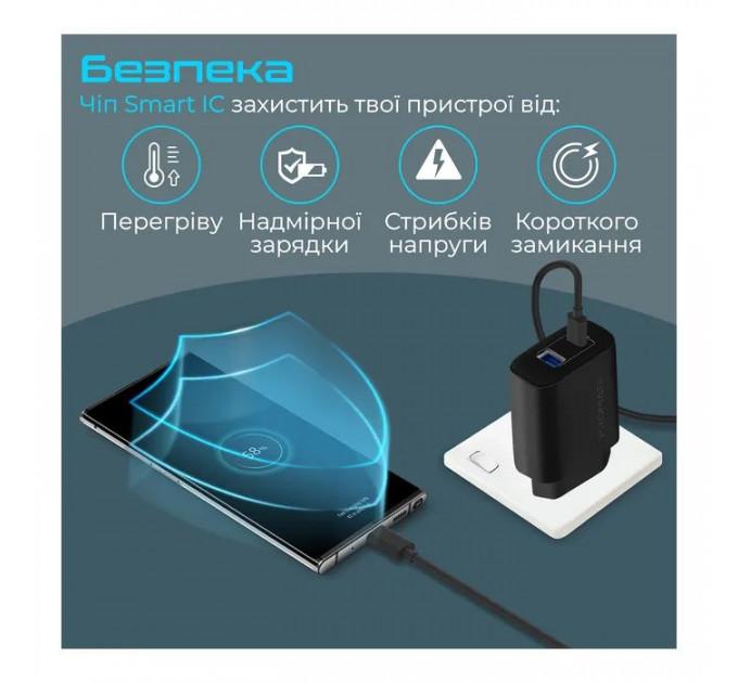 Зарядний пристрій Promate 17W USB-C + USB-A (biplug-2.black)