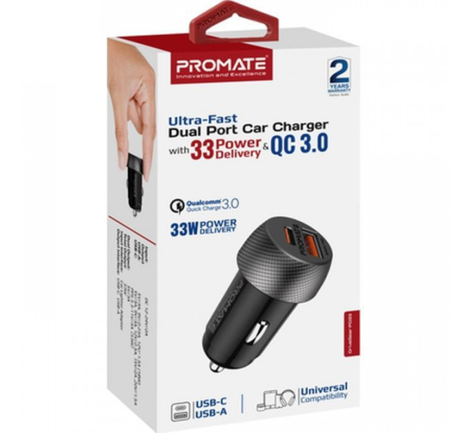 Зарядний пристрій Promate drivegear-pd33 USB-C PD33W + USB-A QC3.0 Black (drivegear-pd33)