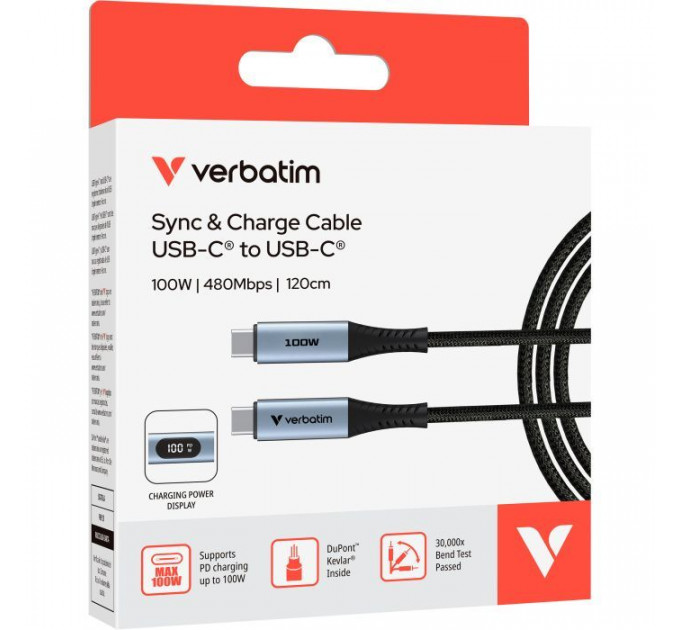 Дата кабель USB-C to USB-C 1.2m with display 100W black Verbatim (31848)