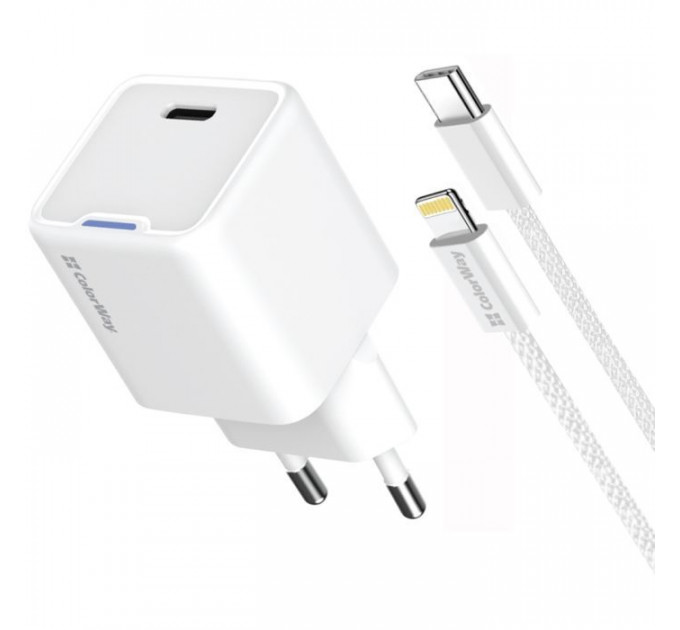 Зарядний пристрій ColorWay C101D GaN Mini 20W PD PPS USB-C + cable USB-C to Lightning white (CW-CHS059PDL-WT) Зарядний пристрій ColorWay C101D GaN Mini 20W PD PPS USB-C + cable USB-C to Lightning white (CW-CHS059PDL-WT)